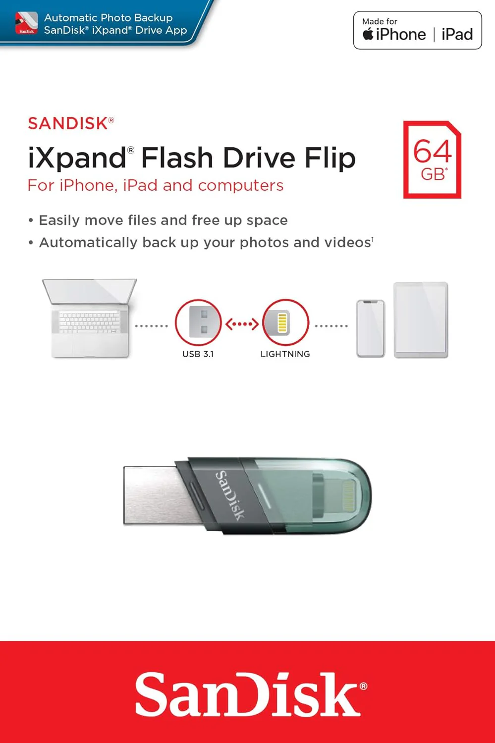 External Memory USB-A 3.1 / Lightning SanDisk iXpand Flip, 64Gb SDIX90N-064G-GN6NN - Image 4