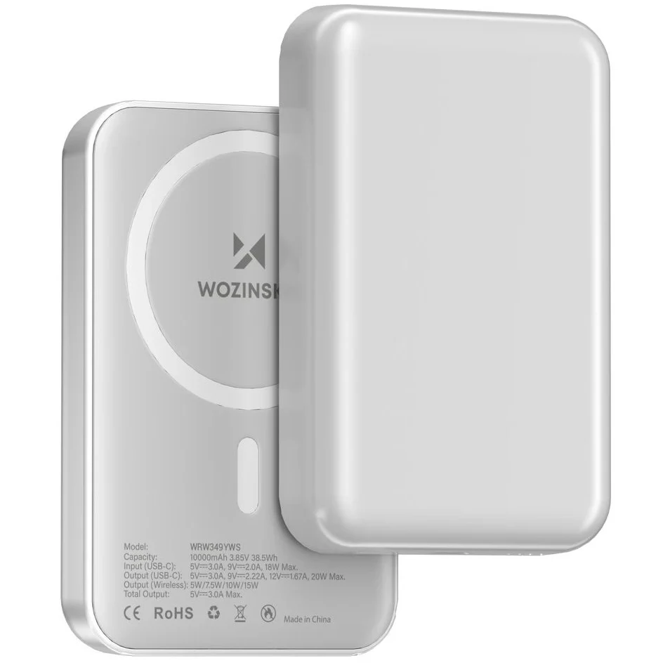 External Wireless Battery WZK WRW349YWS, 10000mAh, 20W, PD + FQI, 1 x QI - 1 x USB-C, White - Image 2