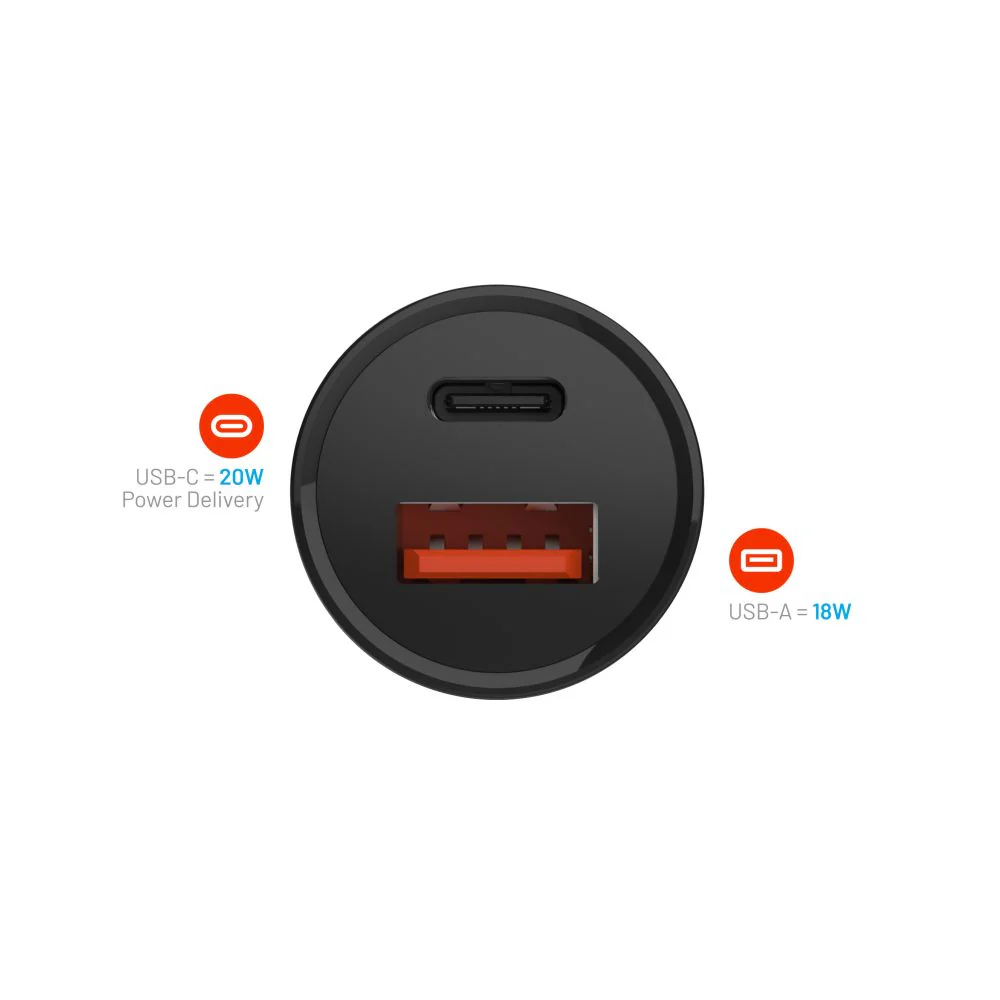 Fixed Auto Charger, 20W, 3A, 1 x USB-A - 1 x USB-C, Black - Image 3