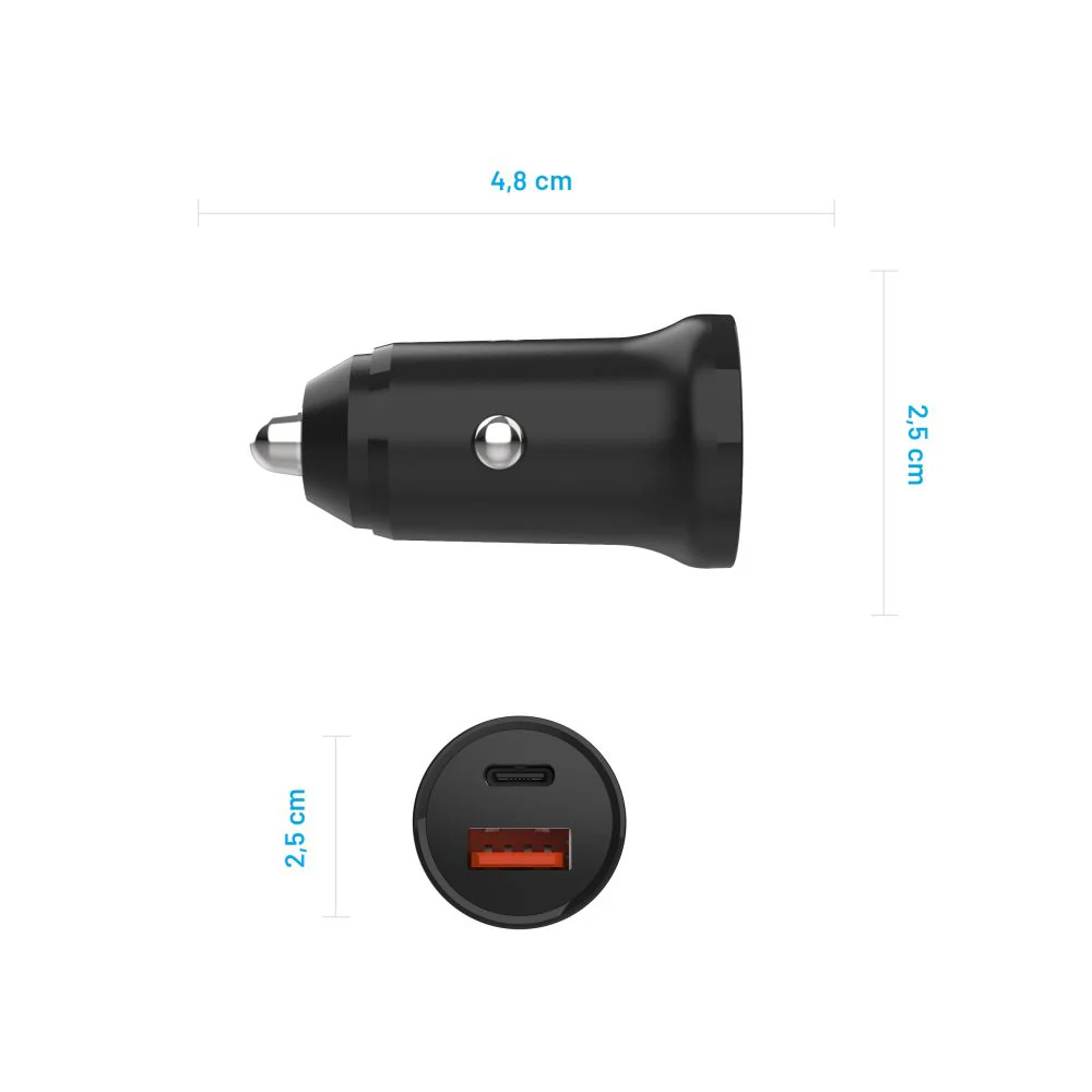 Fixed Auto Charger, 20W, 3A, 1 x USB-A - 1 x USB-C, Black - Image 4