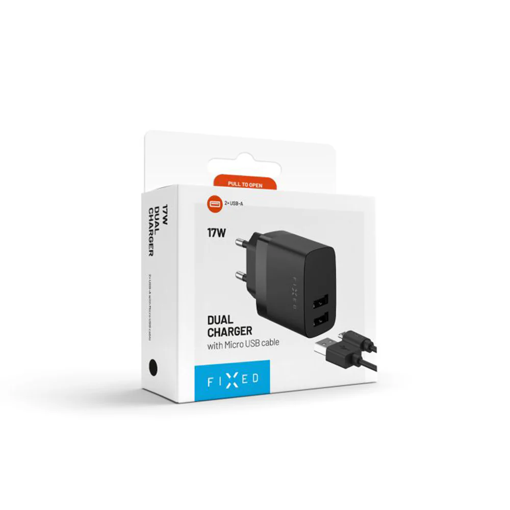 Fixed Network Charger with microUSB Cable, 17W, 3A, 2 x USB-A, Black - Image 7