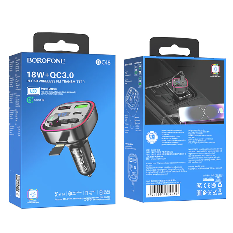 FM Bluetooth Modulator Borofone BC48, 2 x USB-A - 1 x USB-C - 1 x microSD - Image 5