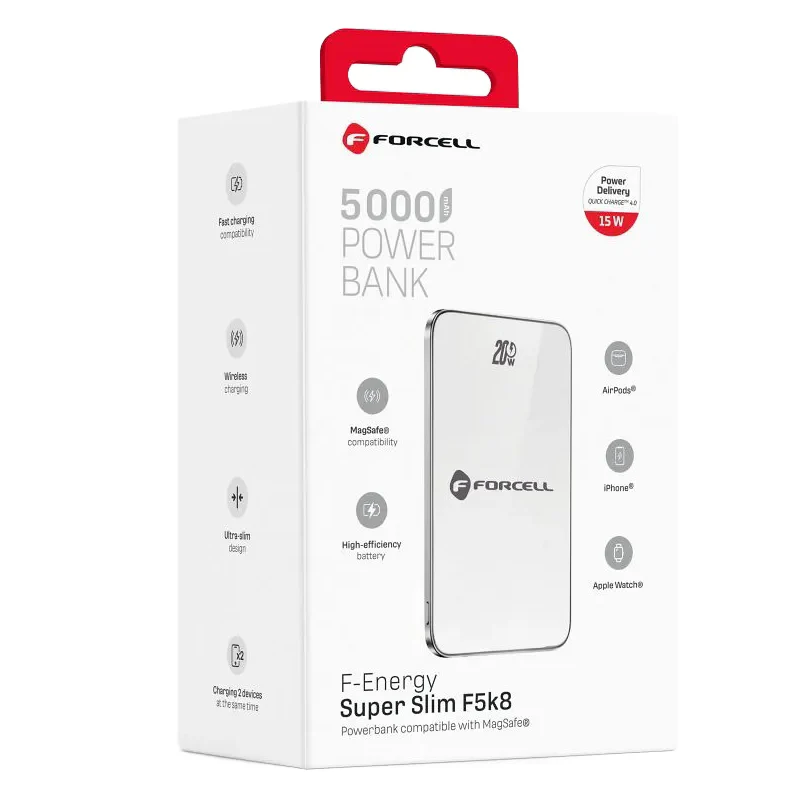 Forcell F5K8 Wireless External Battery, 5000mAh, 15W, PD + FQI, 1 x QI - 1 x USB-C, White - Image 4