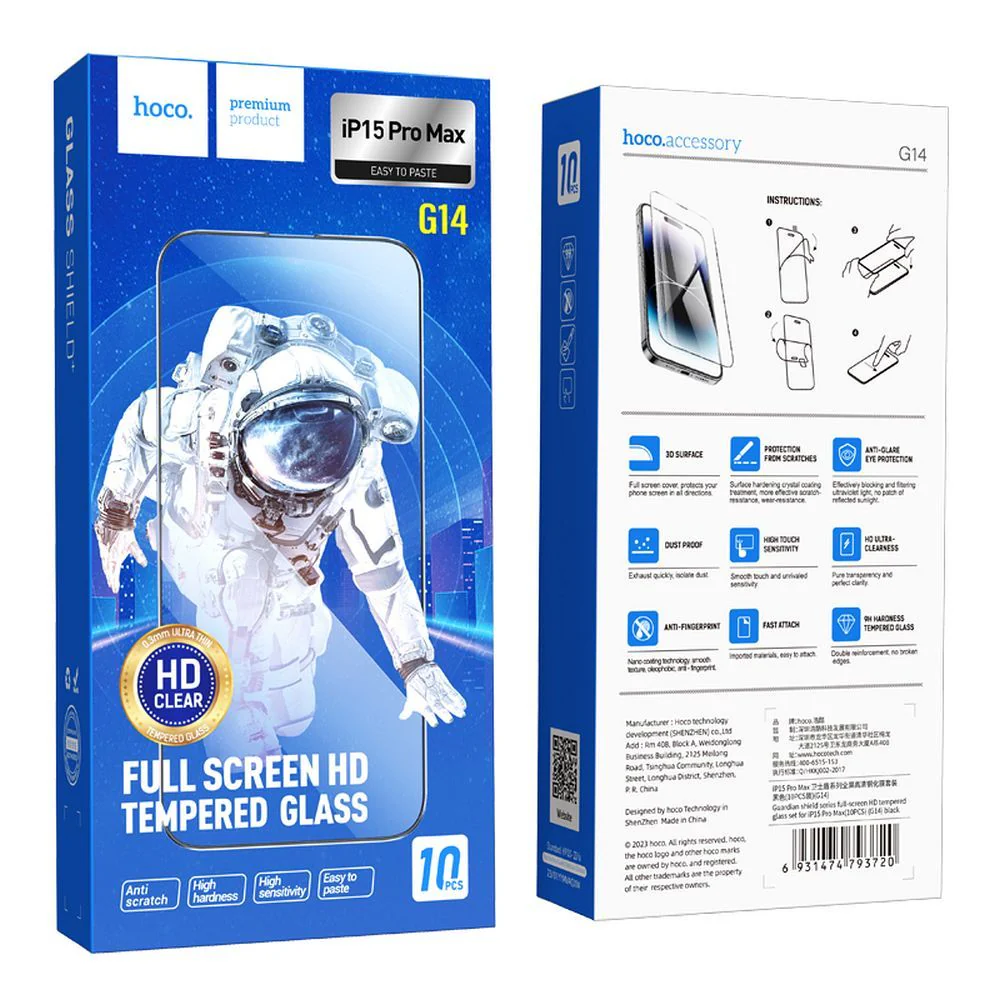 HOCO G14 Screen Protector for Apple iPhone 15 Pro Max, Tempered Glass, Full Glue, Set of 10 pieces, 5D, Black - Image 3