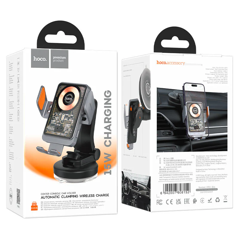 HOCO HW8 Wireless Car Charger, 15W, 1.67A, Black - Image 9