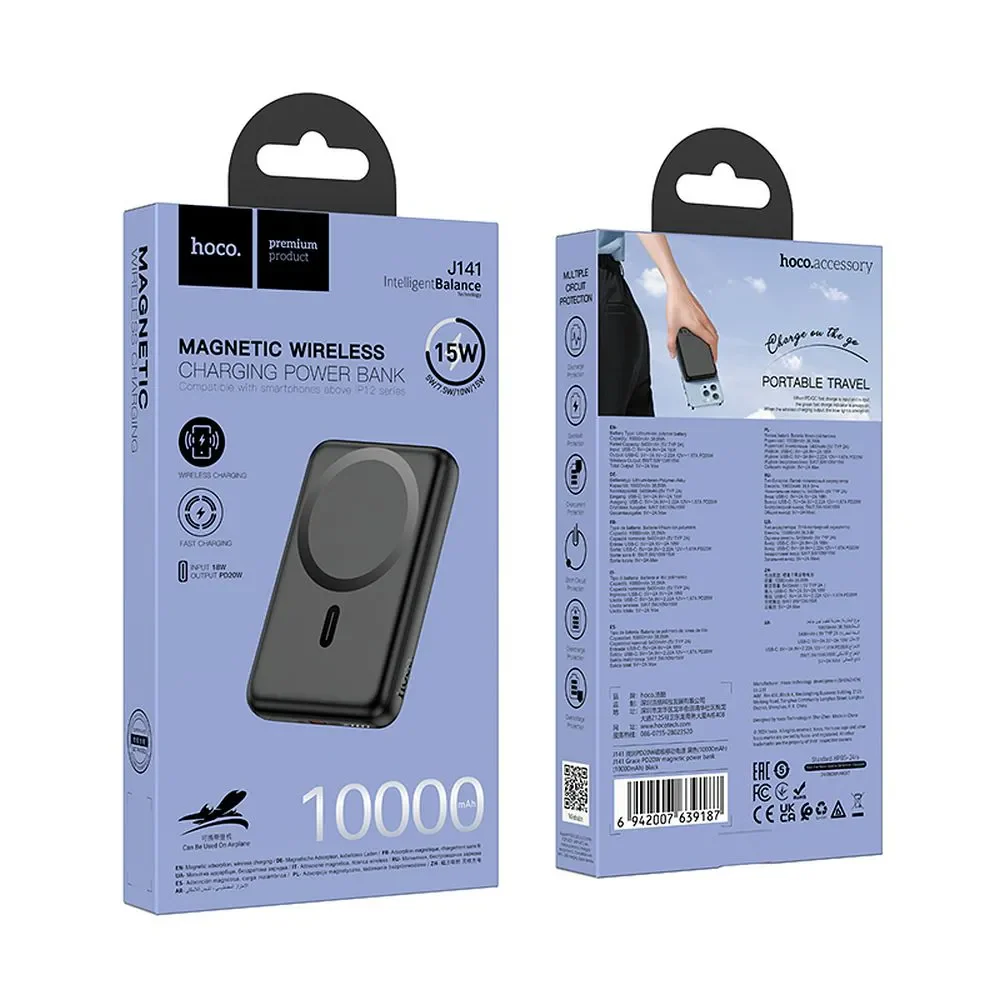 HOCO J141 Wireless External Battery, 10000mAh, 20W, PD + FQI, 1 x QI - 1 x USB-C, Black - Image 4