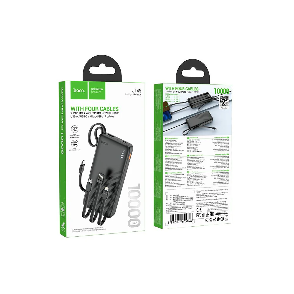 HOCO J146 External Battery, 10000mAh, 10W, 1 x Lightning - 1 x microUSB - 1 x USB-A - 1 x USB-C, Black - Image 7