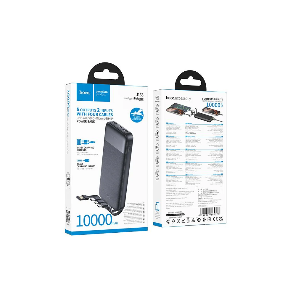 HOCO J163 External Battery, 10000mAh, 10W, 1 x Lightning - 1 x microUSB - 2 x USB-A - 1 x USB-C, Black - Image 6
