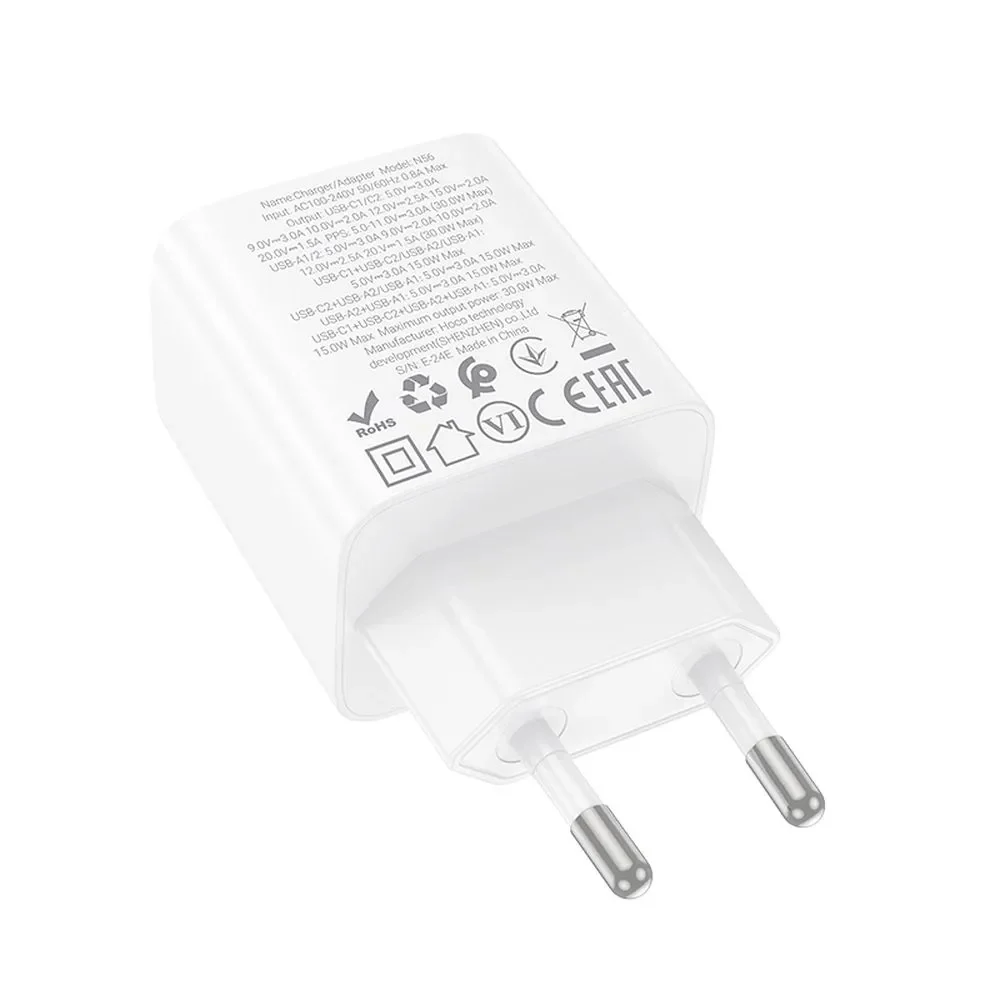 HOCO N56 Network Charger, 30W, 3A, 2 x USB-A - 2 x USB-C, White - Image 2