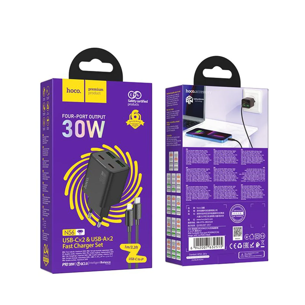 HOCO N56 Network Charger with Lightning Cable, 30W, 3A, 2 x USB-A - 2 x USB-C, Black - Image 4