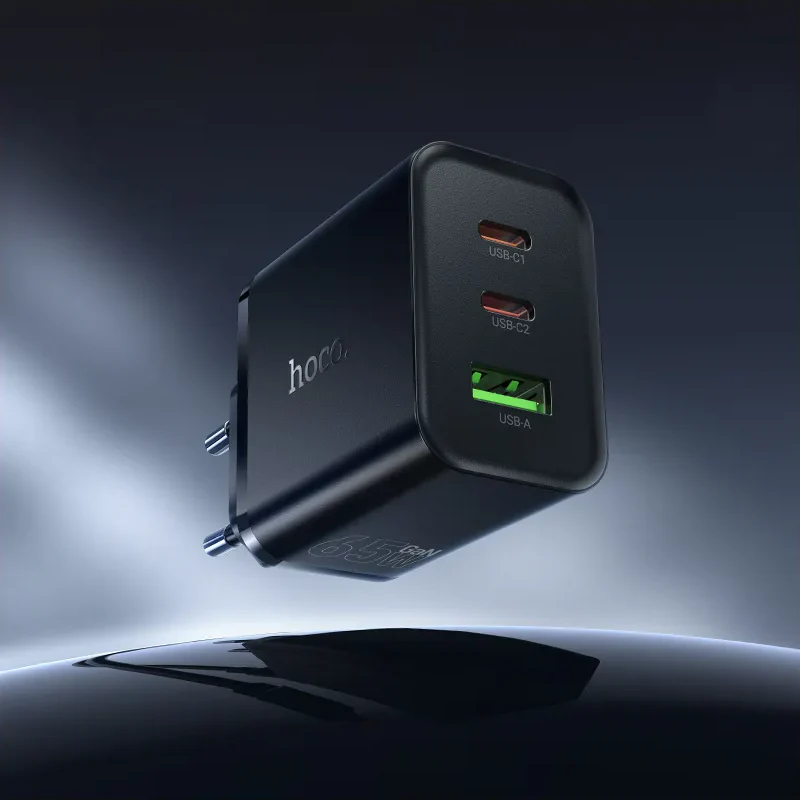 HOCO N75 Network Charger, 65W, 3A, 1 x USB-A - 2 x USB-C, Black - Image 7