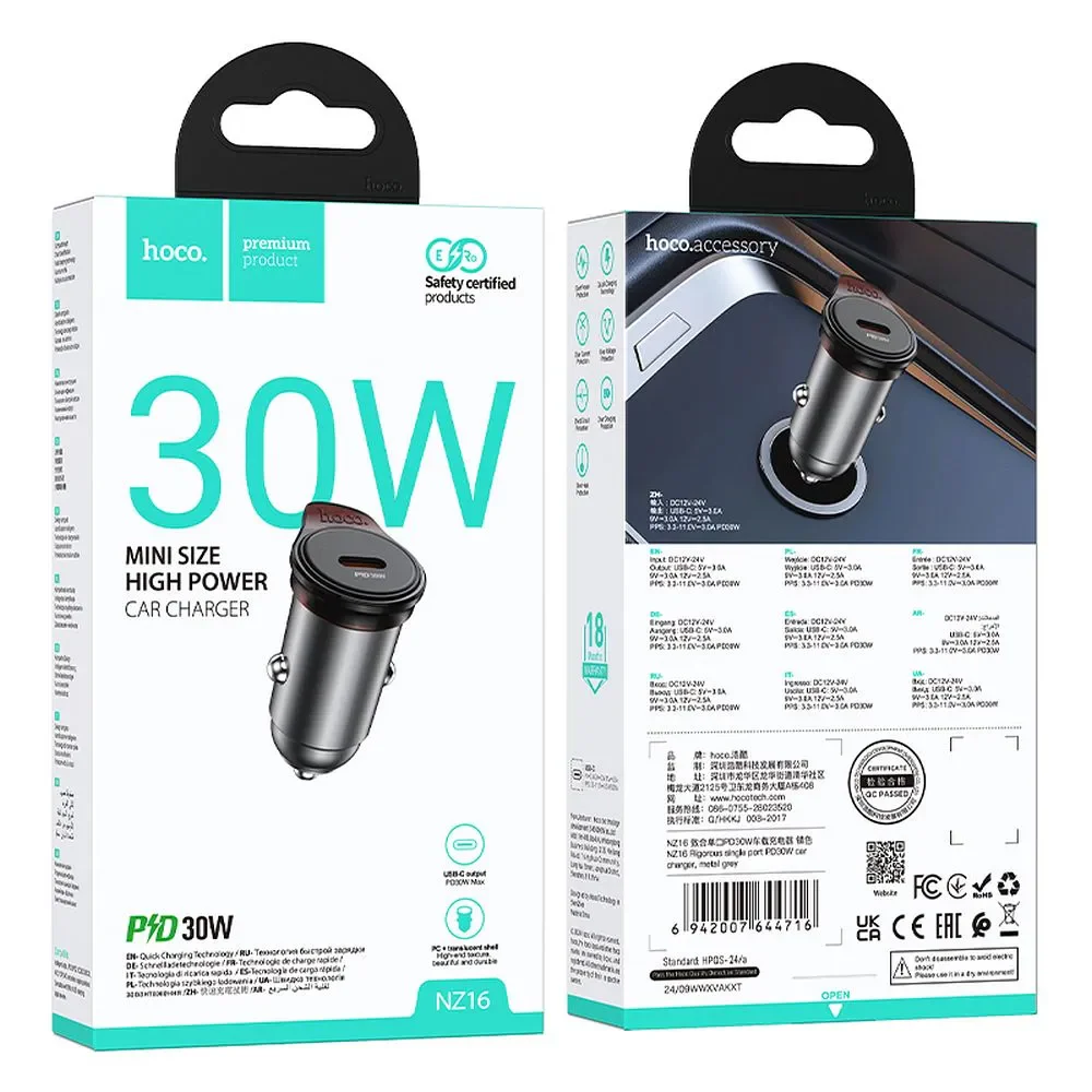 HOCO NZ16 Car Charger, 30W, 3A, 1 x USB-C, Gray - Image 9