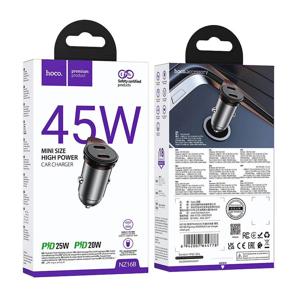 HOCO NZ16B Car Charger, 45W, 3A, 2 x USB-C, Gray - Image 9