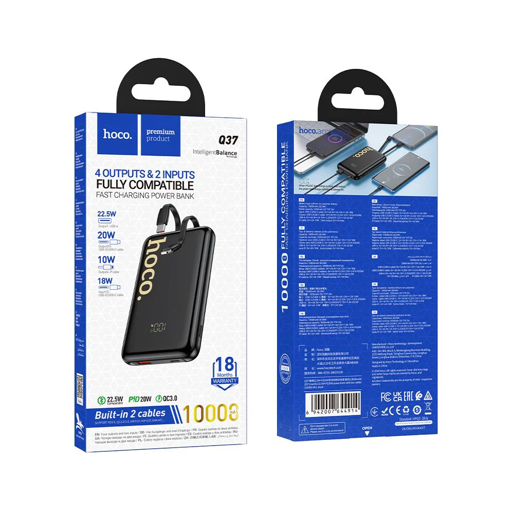 HOCO Q37 External Battery, 10000mAh, 22.5W, QC + PD, 1 x Lightning - 1 x USB-A - 2 x USB-C, Black - Image 9