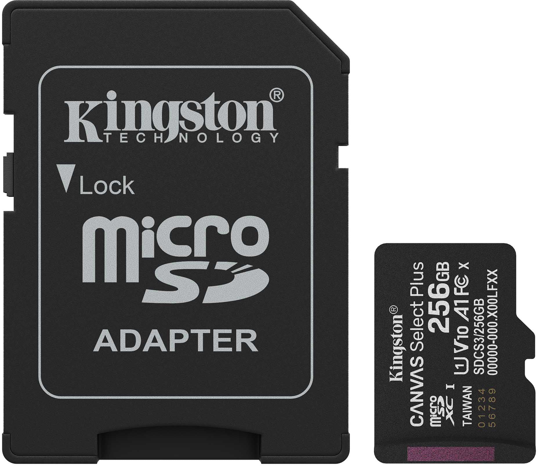 Kingston Canvas Select Plus Android A1 microSDXC Memory Card, 256Gb, Class 10 / UHS-1 U1, With Adapter SDCS3/256GB