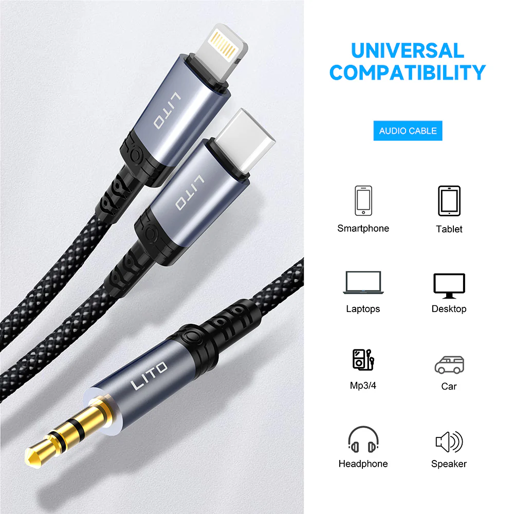 Lightning Audio Cable - 3.5mm Lito LA01L, 1m, Black - Image 6