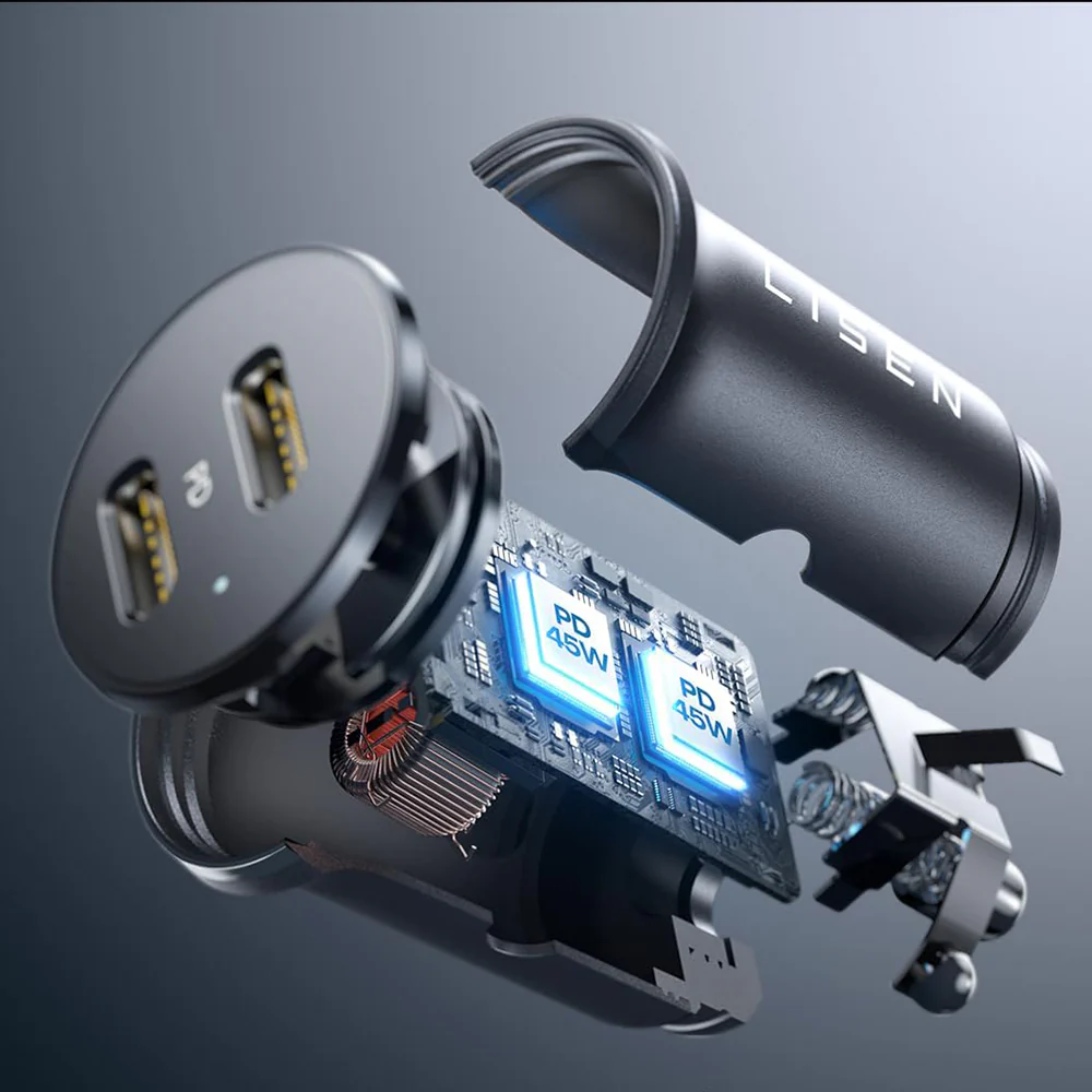 Lisen Car Charger, 45W, 3A, 2 x USB-C, Black YL0223080007 - Image 2