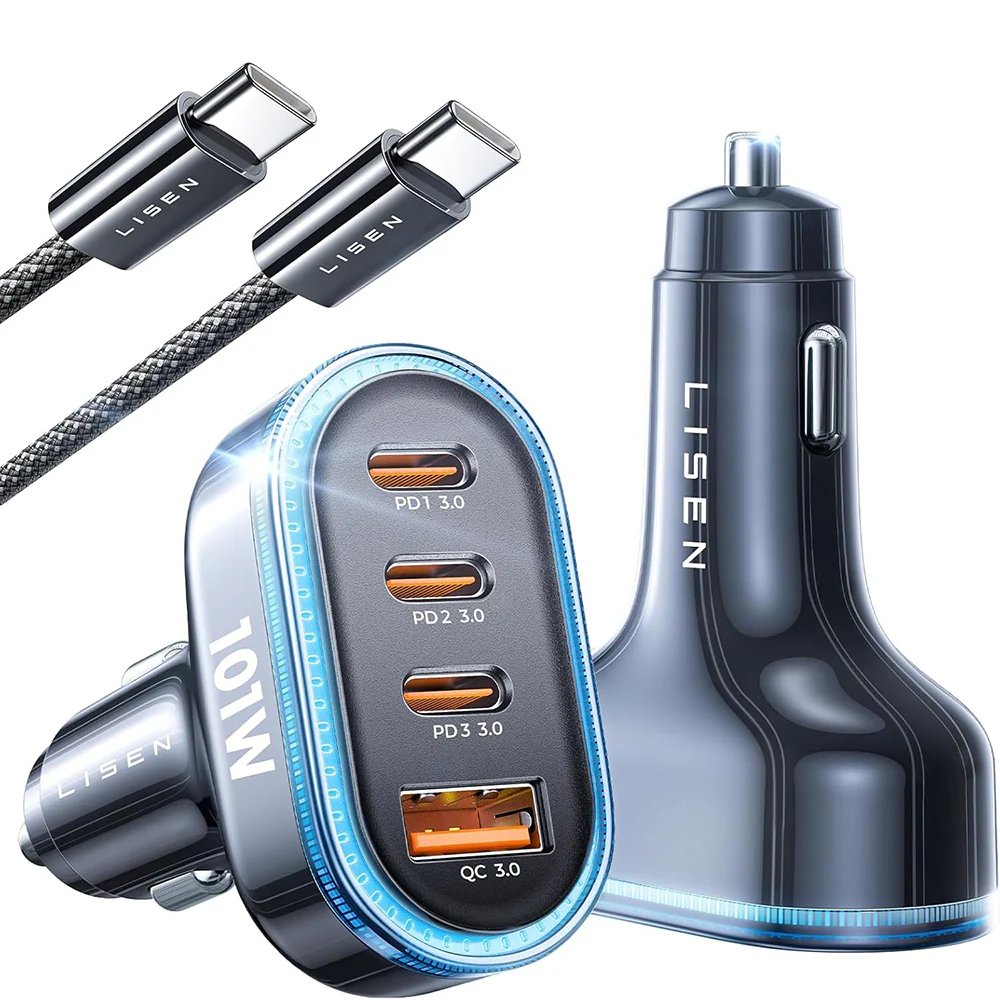 Lisen Car Charger with USB-C Cable, 101W, 3.25A, 1 x USB-A - 3 x USB-C, Black YL0223120021 - Image 2