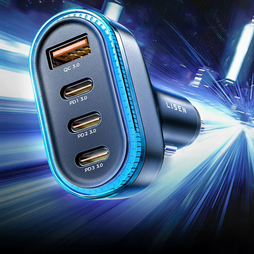 Lisen Car Charger with USB-C Cable, 101W, 3.25A, 1 x USB-A - 3 x USB-C, Black YL0223120021 - Image 3