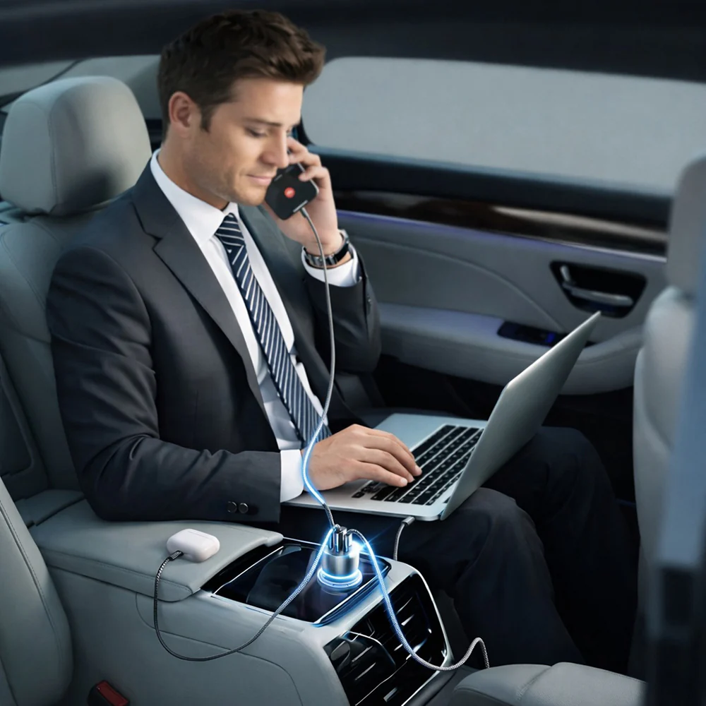 Lisen Car Charger with USB-C Cable, 170W, 5A, 1 x USB-A - 2 x USB-C, Black YL0224010001 - Image 3