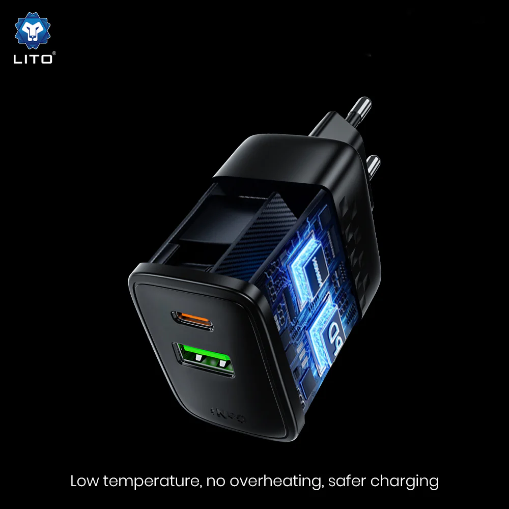 Lito LC24 Network Charger, 65W, 3.25A, 1 x USB-A - 1 x USB-C, Black - Image 3
