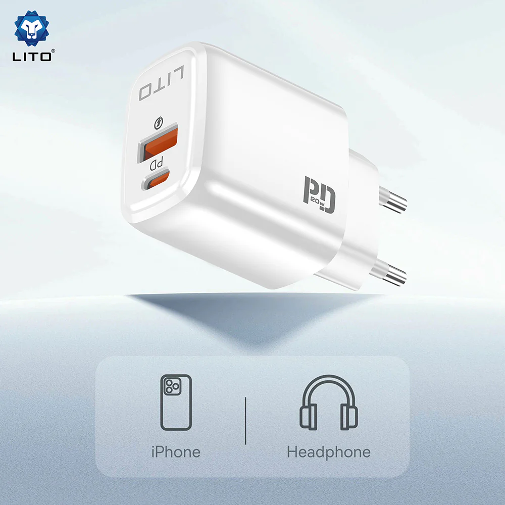 Lito LC28 Network Charger, 20W, 3A, 1 x USB-A - 1 x USB-C, White - Image 2