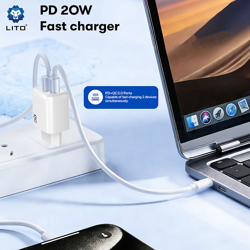 Lito LC28 Network Charger, 20W, 3A, 1 x USB-A - 1 x USB-C, White - Image 3