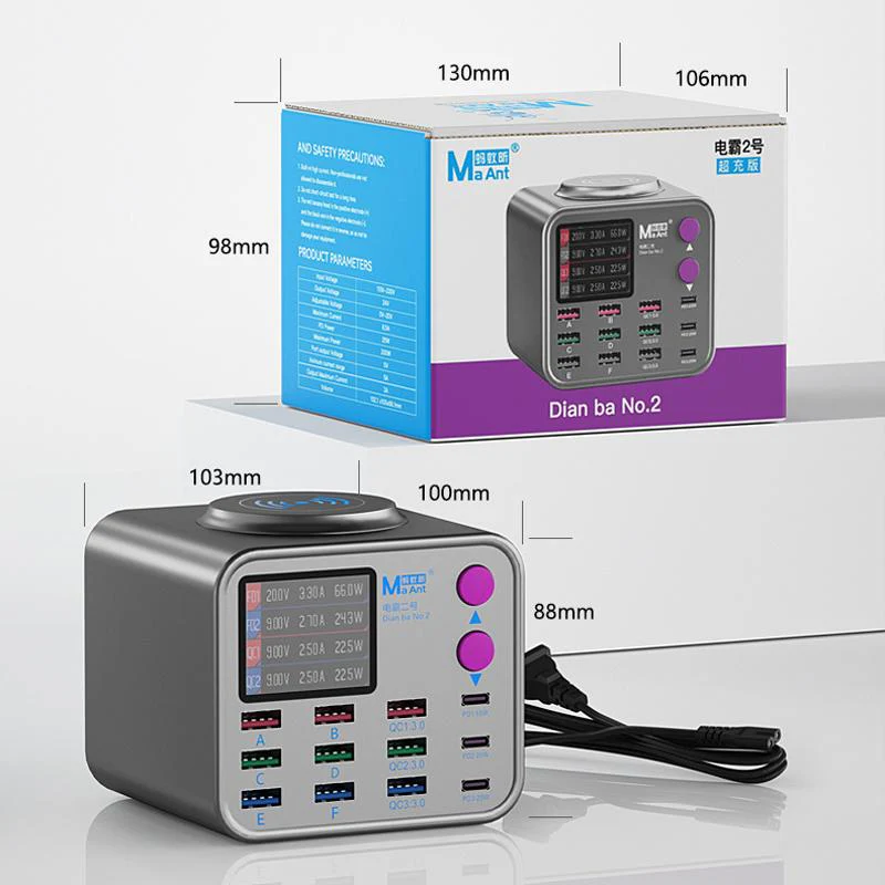 MaAnt DianBa No.2 QI Charging Station, 300W, 3A, 3 x USB-C - 9 x USB-A, Grey - Image 11