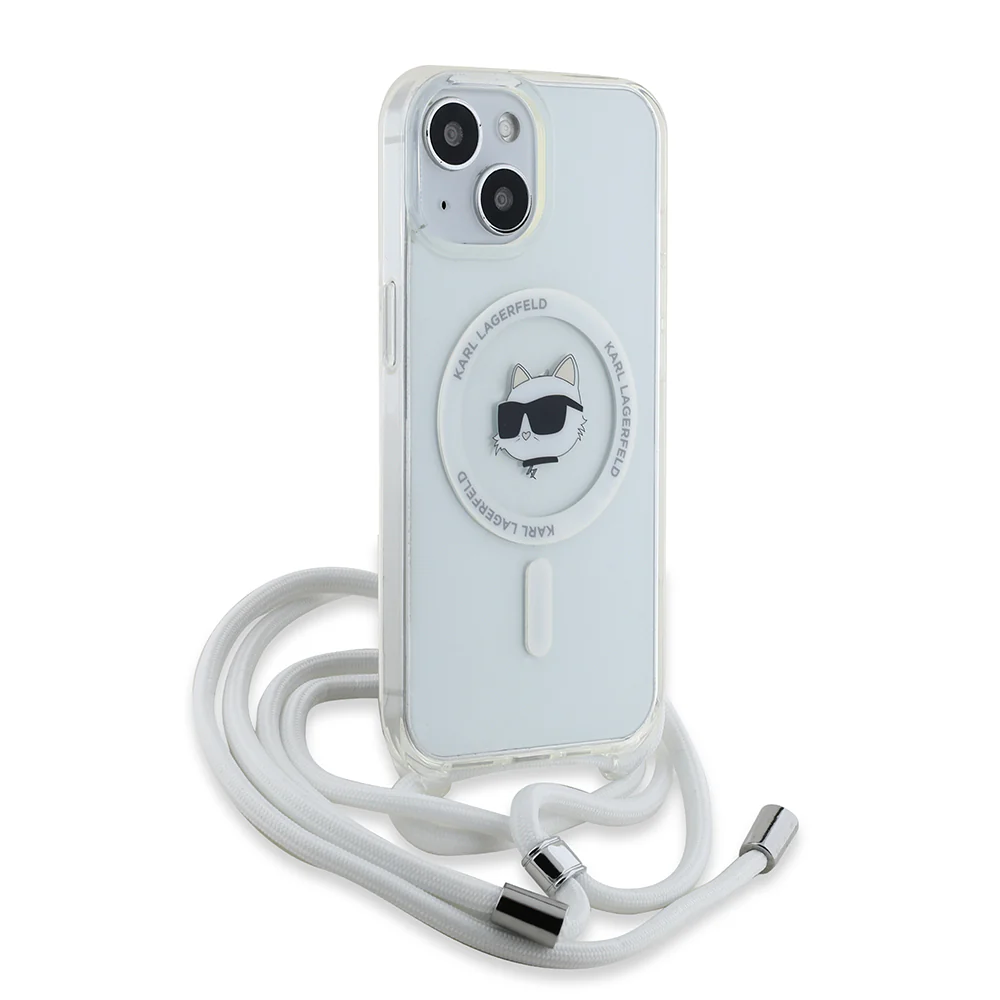 MagSafe Case for Apple iPhone 14, Karl Lagerfeld, IML Crossbody Choupette's Head with Strap, Transparent - Image 2
