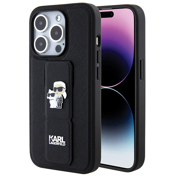 MagSafe Case for Apple iPhone 14 Pro, Karl Lagerfeld, Saffiano Gripstand Karl & Choupette, Black