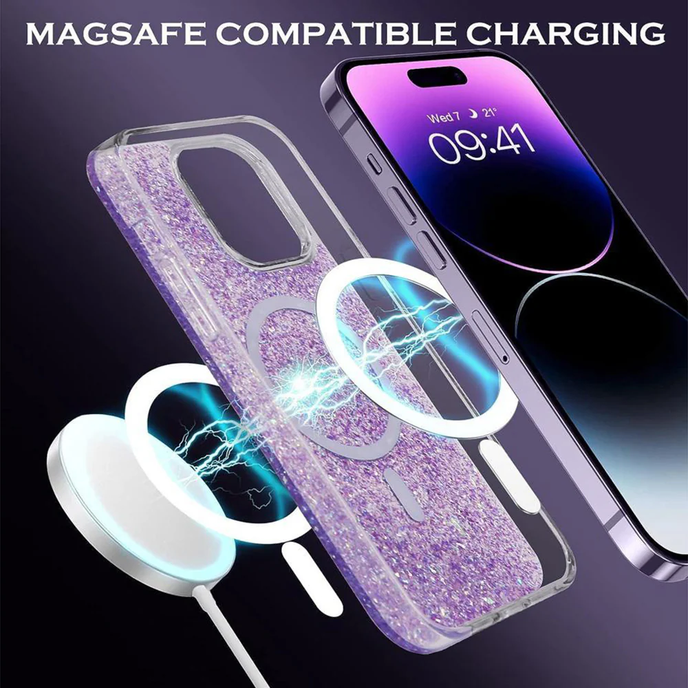 MagSafe Case for Apple iPhone 14 Pro, Techsuit, Sparkly Glitter, Blue - Image 3