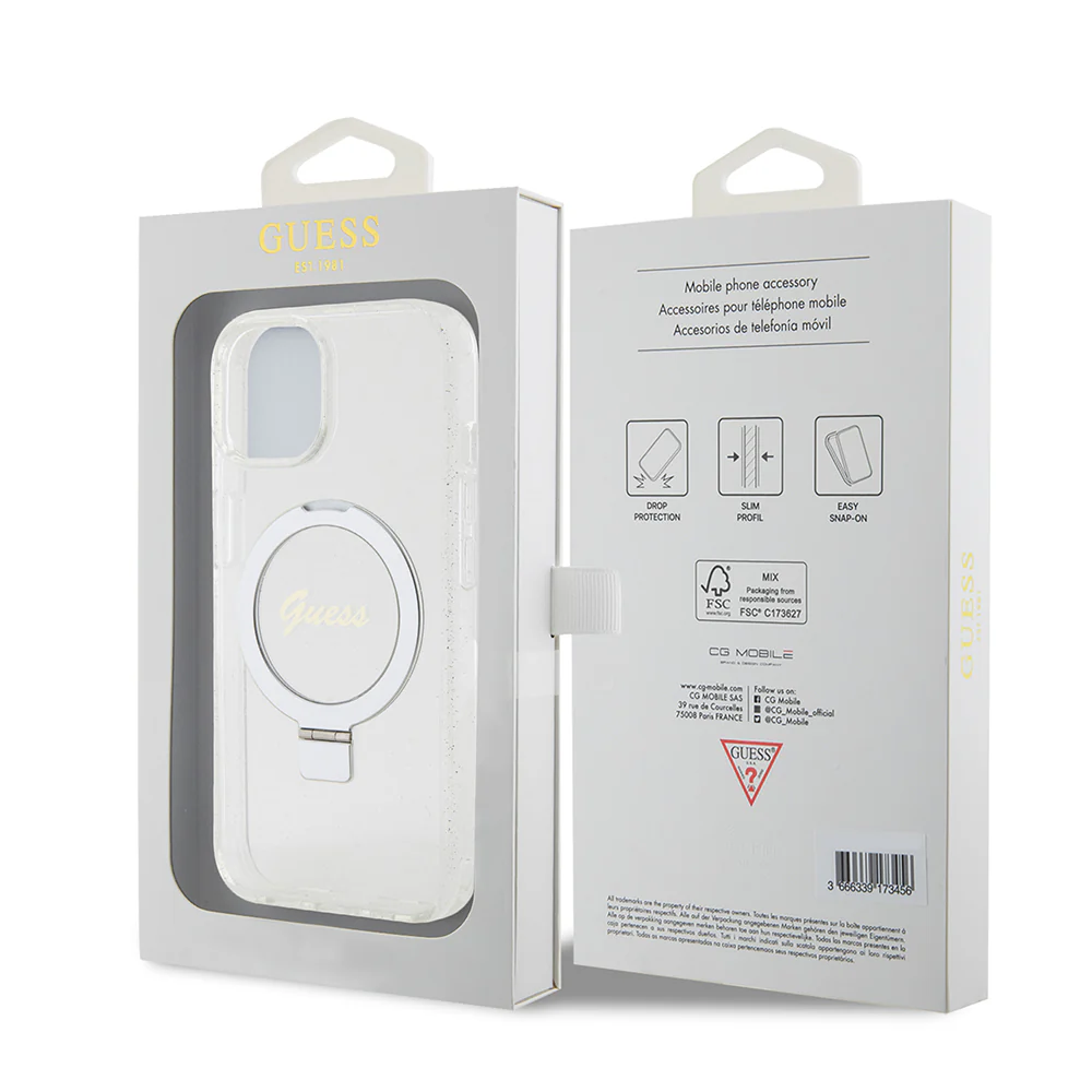 MagSafe Case for Apple iPhone 15, Guess, Ring Stand Script Glitter, Transparent - Image 7