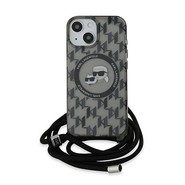 MagSafe Case for Apple iPhone 15, Karl Lagerfeld, IML Crossbody Monogram Karl & Choupette's Heads, Black - Image 2
