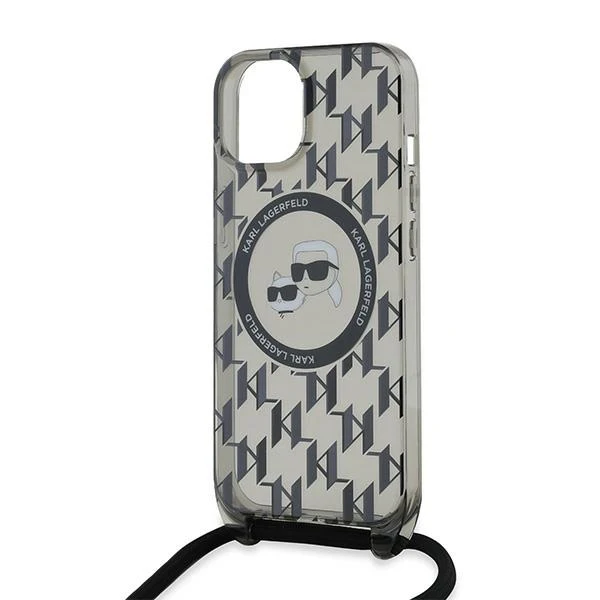 MagSafe Case for Apple iPhone 15, Karl Lagerfeld, IML Crossbody Monogram Karl & Choupette's Heads, Black - Image 3