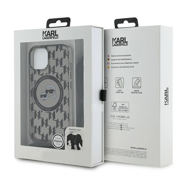 MagSafe Case for Apple iPhone 15, Karl Lagerfeld, IML Crossbody Monogram Karl & Choupette's Heads, Black - Image 6