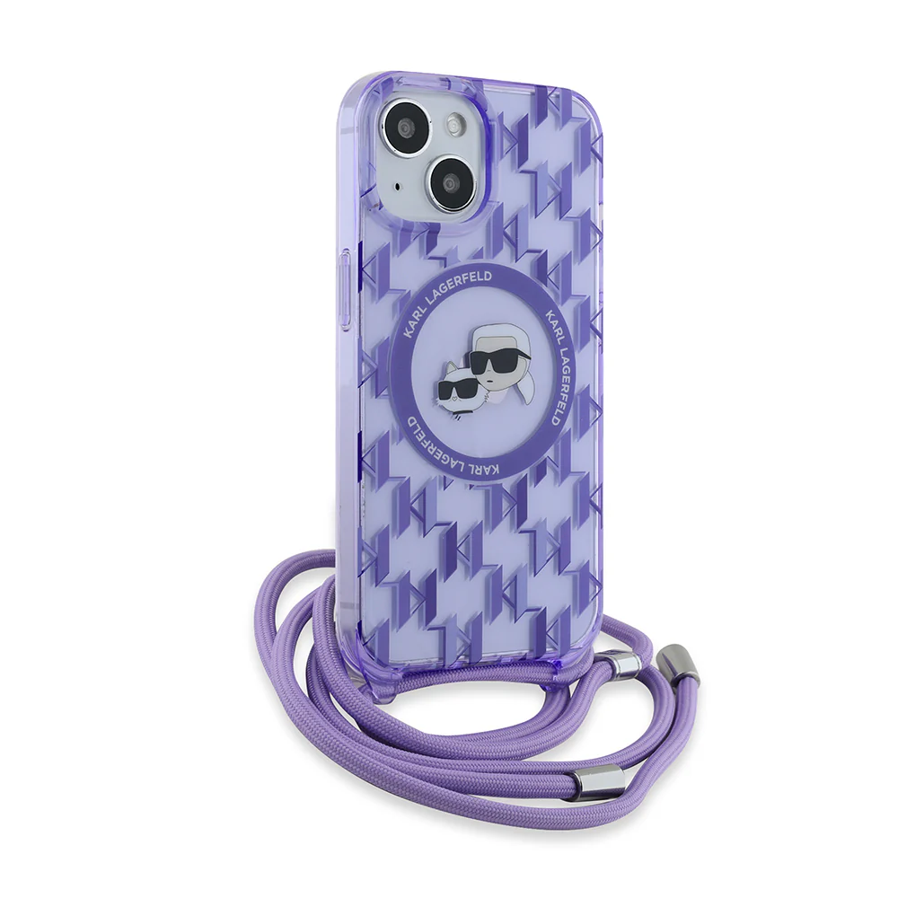 MagSafe Case for Apple iPhone 15, Karl Lagerfeld, IML Crossbody Monogram Karl & Choupette's Heads, Purple - Image 4