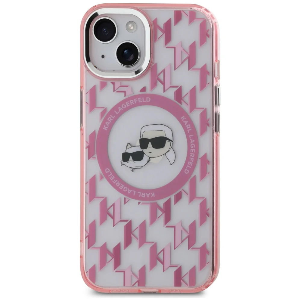 MagSafe Case for Apple iPhone 15, Karl Lagerfeld, IML Monogram Karl & Choupette's Heads, Pink - Image 2