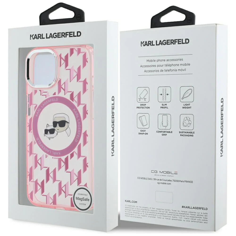 MagSafe Case for Apple iPhone 15, Karl Lagerfeld, IML Monogram Karl & Choupette's Heads, Pink - Image 7