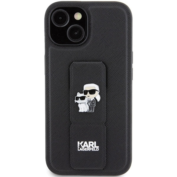 MagSafe Case for Apple iPhone 15, Karl Lagerfeld, Saffiano Gripstand Karl & Choupette, Black - Image 3