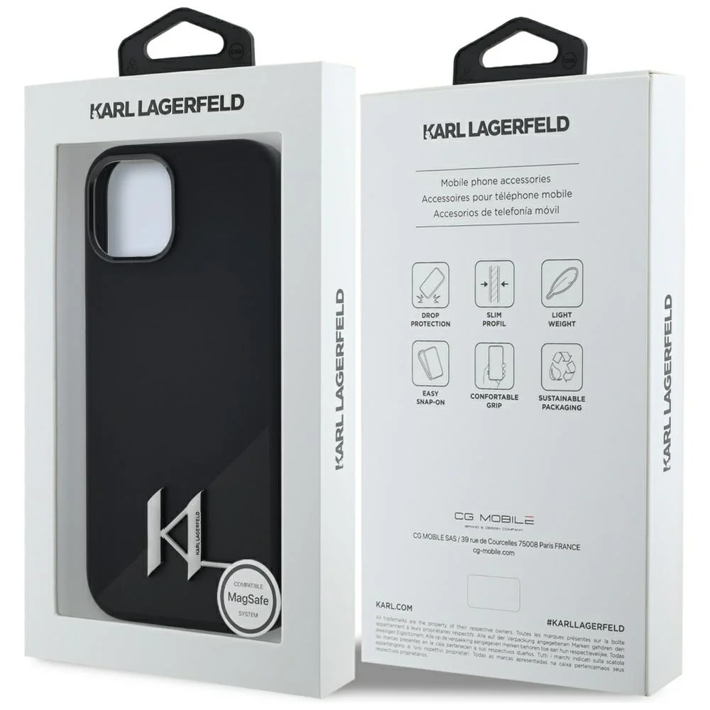 MagSafe Case for Apple iPhone 15, Karl Lagerfeld, Silicone Shadow Metal Initial, Black - Image 7