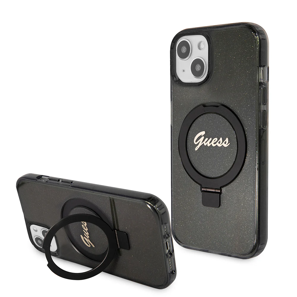 MagSafe Case for Apple iPhone 15 Plus, Guess, Ring Stand Script Glitter, Black