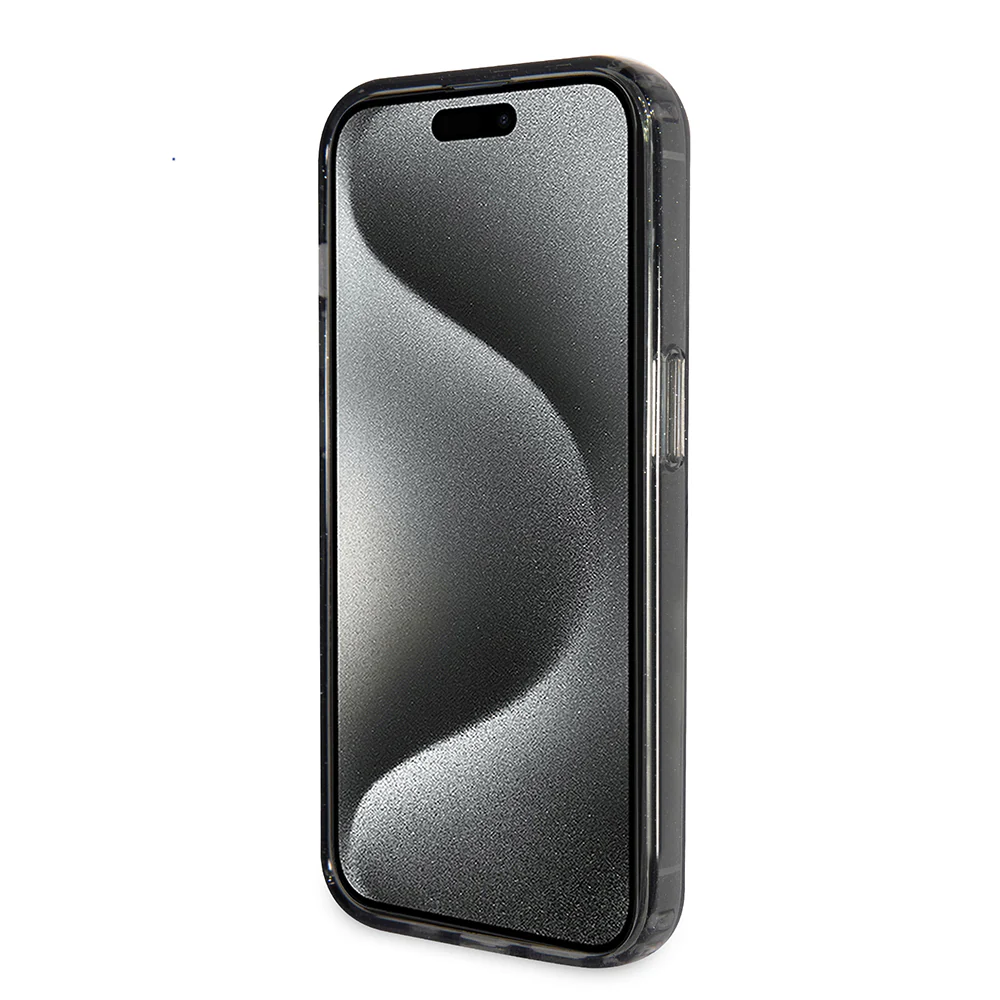 MagSafe Case for Apple iPhone 15 Plus, Guess, Ring Stand Script Glitter, Black - Image 2