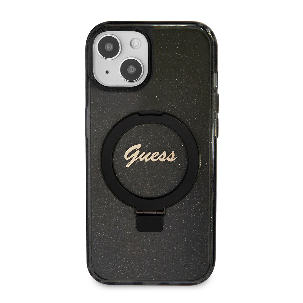 MagSafe Case for Apple iPhone 15 Plus, Guess, Ring Stand Script Glitter, Black - Image 3