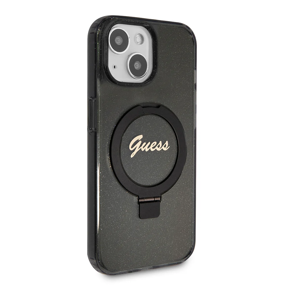 MagSafe Case for Apple iPhone 15 Plus, Guess, Ring Stand Script Glitter, Black - Image 4