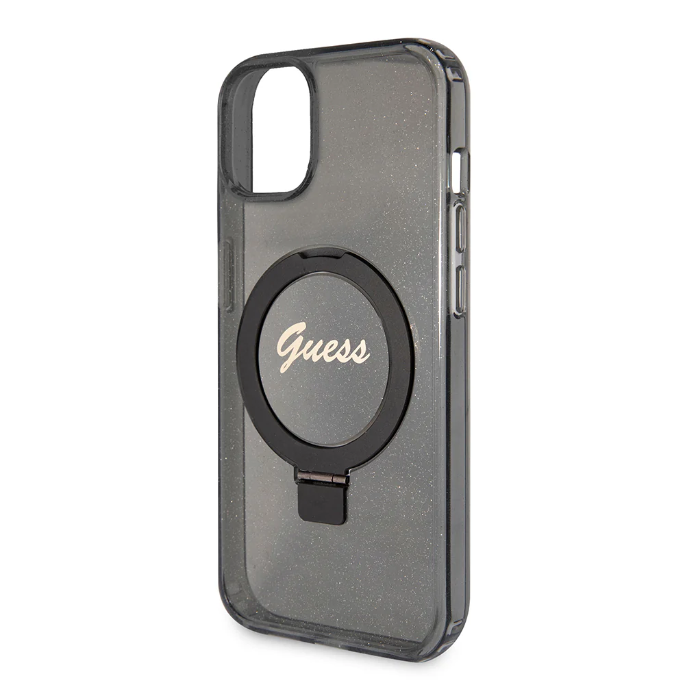 MagSafe Case for Apple iPhone 15 Plus, Guess, Ring Stand Script Glitter, Black - Image 5