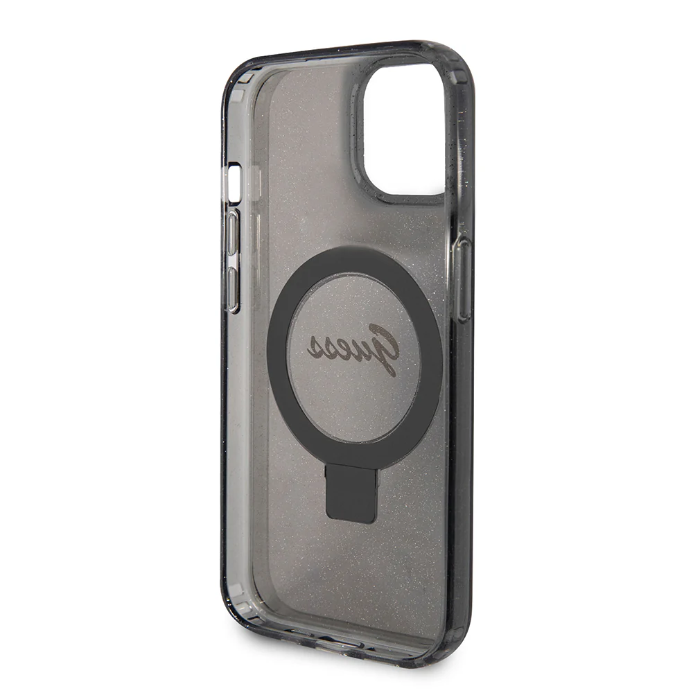 MagSafe Case for Apple iPhone 15 Plus, Guess, Ring Stand Script Glitter, Black - Image 6