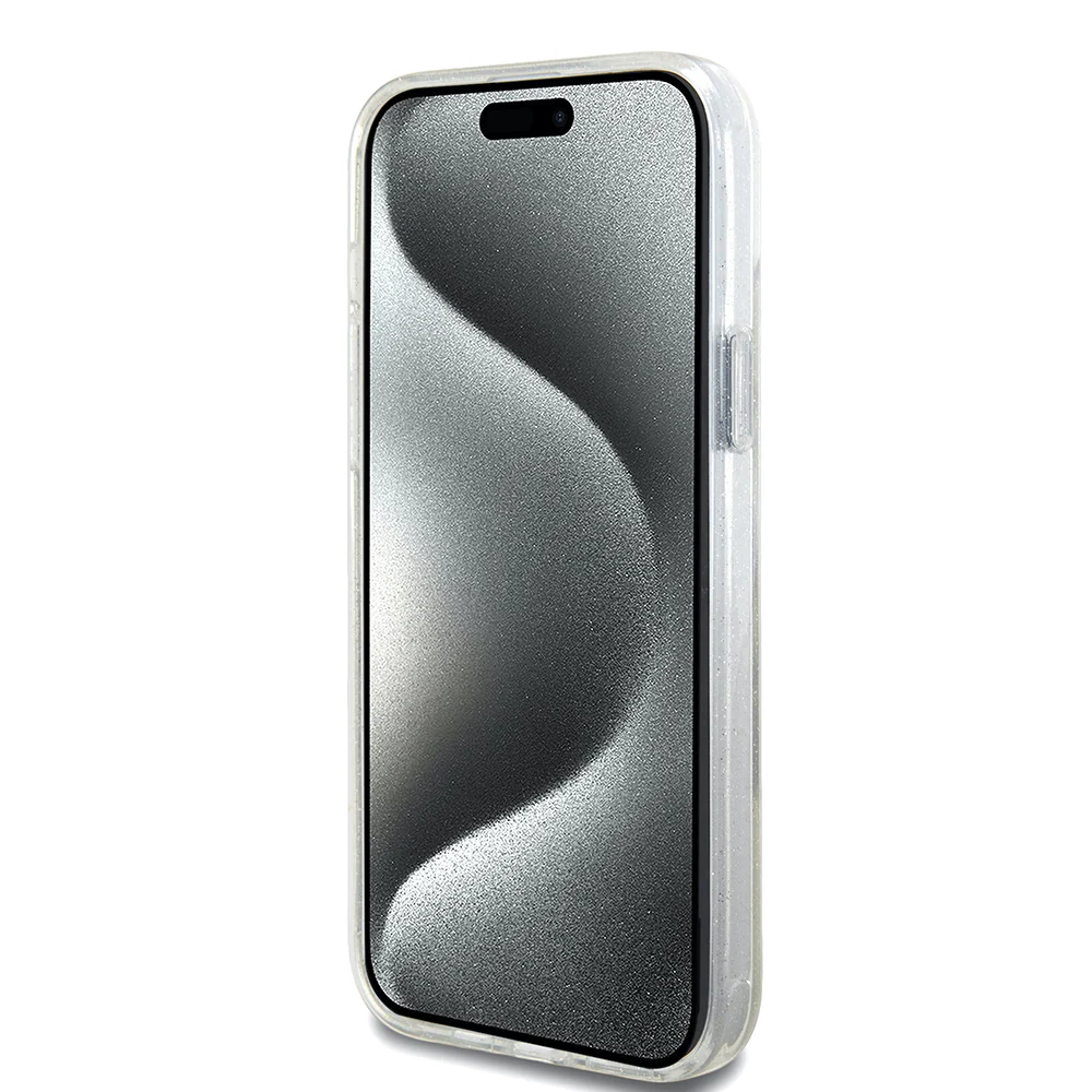MagSafe Case for Apple iPhone 15 Plus, Guess, Ring Stand Script Glitter, Transparent - Image 2