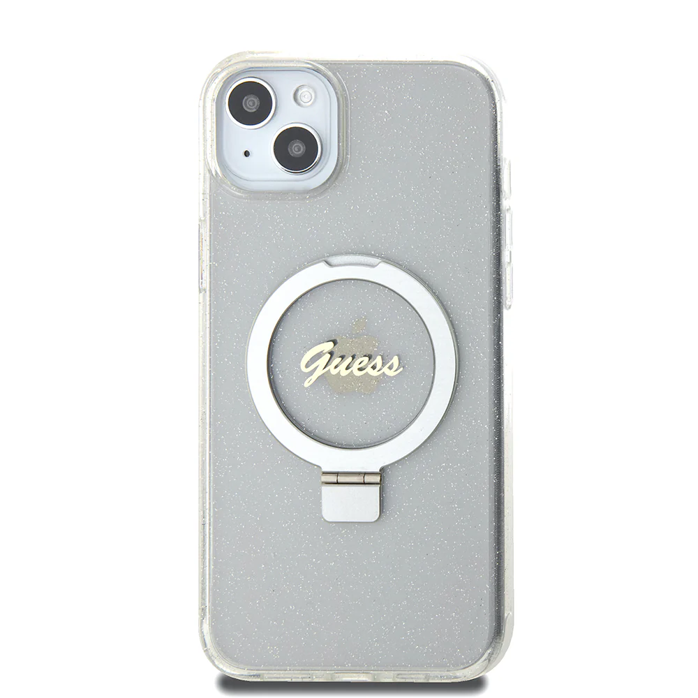 MagSafe Case for Apple iPhone 15 Plus, Guess, Ring Stand Script Glitter, Transparent - Image 3