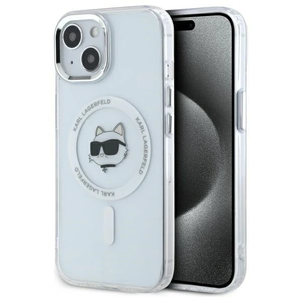 MagSafe Case for Apple iPhone 15 Plus, Karl Lagerfeld, IML Metal Choupette's Head, White