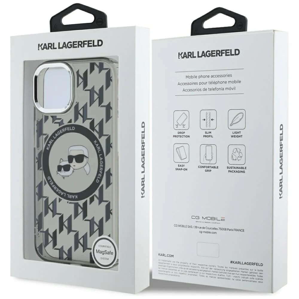 MagSafe Case for Apple iPhone 15 Plus, Karl Lagerfeld, IML Monogram Karl & Choupette's Heads, Black - Image 7
